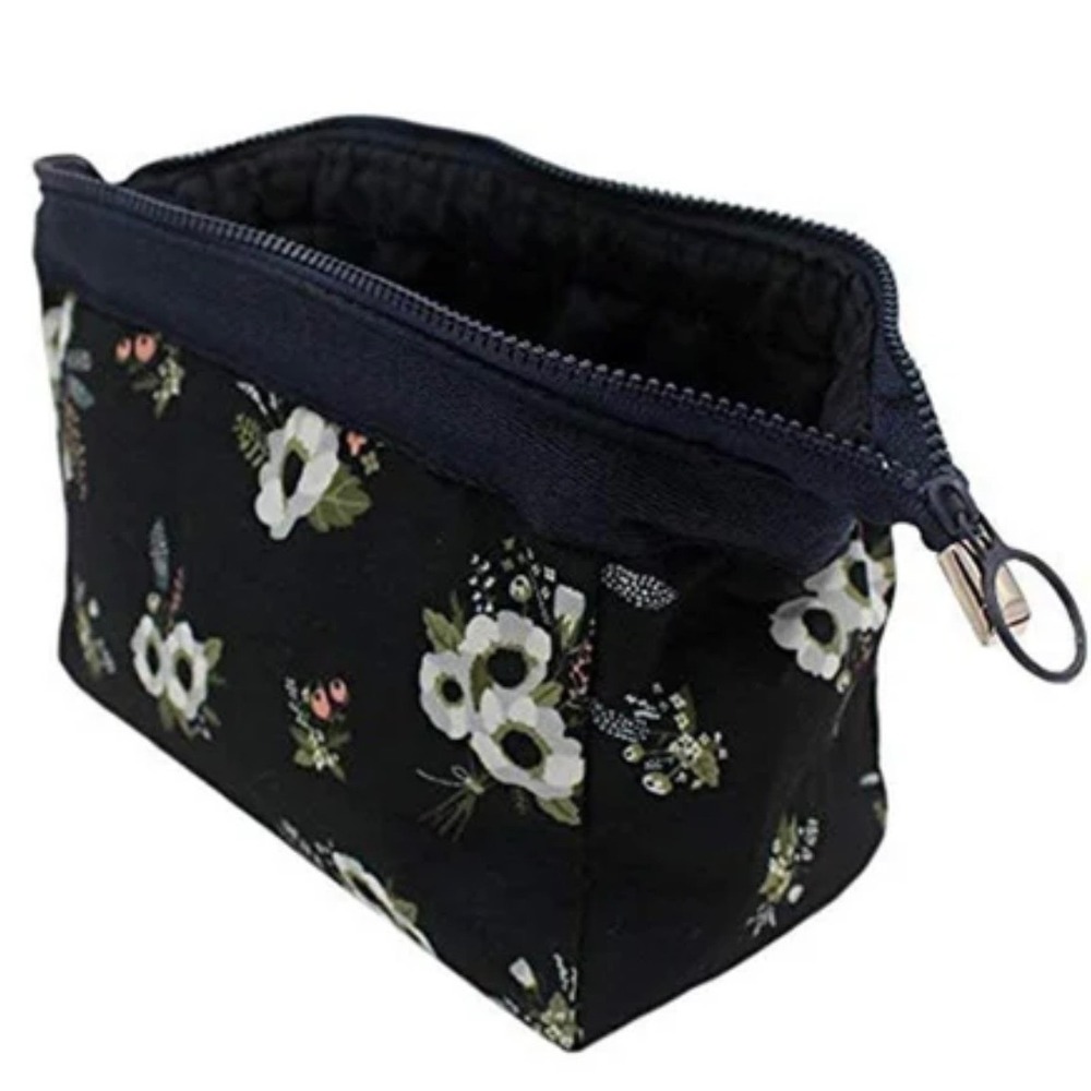 Floral Cosmetic Bag Navy Blue White Flower Makeup Pouch Travel Toiletry Case